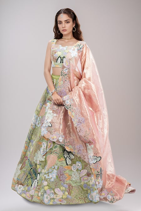Shop_Aisha Rao_Green Tissue Embroidery, Applique Cowl Neck Floral Lehenga Set _Online_at_Aza_Fashions