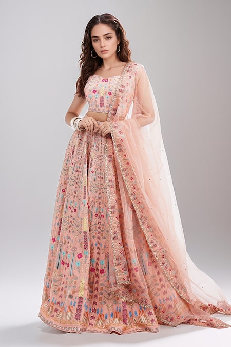 Aisha Rao Peach Satin Silk Embroidered Floral Sweetheart Lehenga Set 