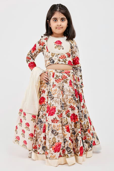 Mamma Plz Ivory Handwoven Chanderi Printed Floral Lehenga Set 