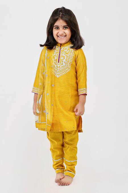 Mamma Plz_Yellow Chanderi, Cotton, Net Embroidery Ambrosia Dori Kurta Set _Online_at_Aza_Fashions