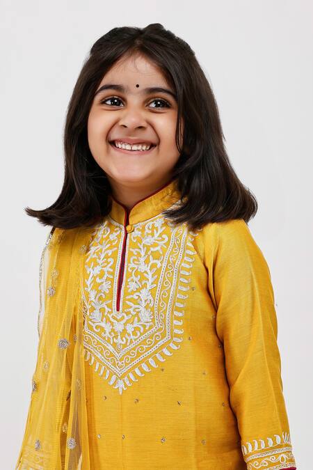 Buy_Mamma Plz_Yellow Chanderi, Cotton, Net Embroidery Ambrosia Dori Kurta Set _Online_at_Aza_Fashions