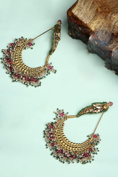 Shop_Dugran By Dugristyle_Pink Pearls, Stones Rosa Kundan Embellished Parrot Crescent Chandbalis _at_Aza_Fashions