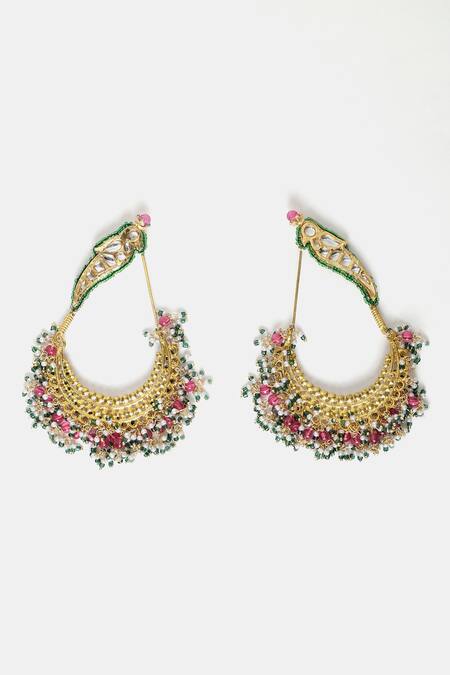 Dugran By Dugristyle_Pink Pearls, Stones Rosa Kundan Embellished Parrot Crescent Chandbalis _Online_at_Aza_Fashions