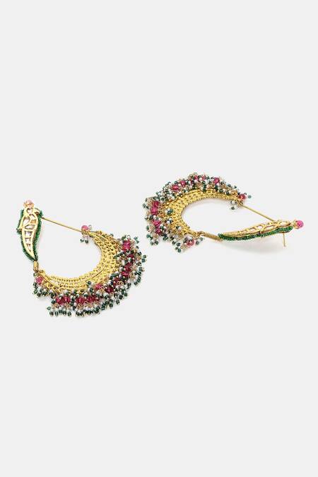 Buy_Dugran By Dugristyle_Pink Pearls, Stones Rosa Kundan Embellished Parrot Crescent Chandbalis _Online_at_Aza_Fashions