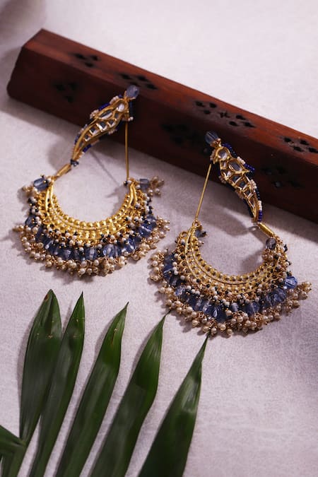 Shop Dugran By Dugristyle Blue Pearls, Lace Parrot Crescent Kundan Embellished Chandbalis at Aza Fashions Shop_Dugran By Dugristyle_Blue Pearls, Lace Parrot Crescent Kundan Embellished Chandbalis _at_Aza_Fashions