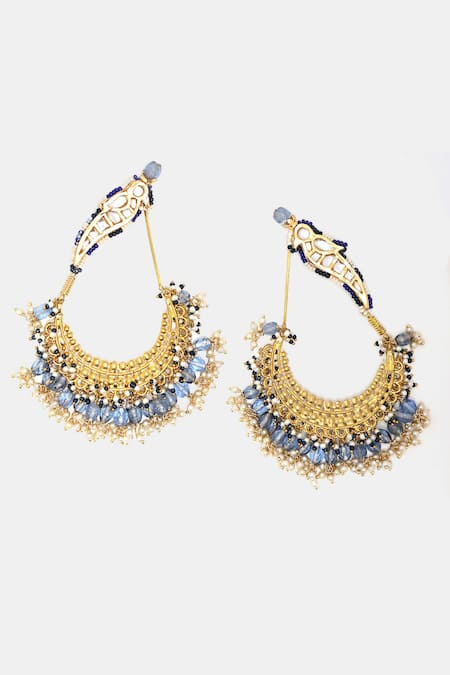 Dugran By Dugristyle Blue Pearls, Lace Parrot Crescent Kundan Embellished Chandbalis Online at Aza Fashions Dugran By Dugristyle_Blue Pearls, Lace Parrot Crescent Kundan Embellished Chandbalis _Online_at_Aza_Fashions