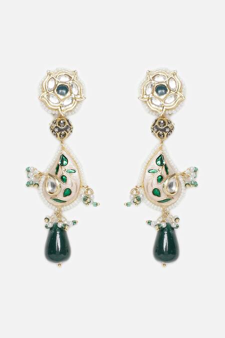 Dugran By Dugristyle_Green Pearls, Metallic Thread Tezabi Kundan Embellished Kairi Earrings _Online_at_Aza_Fashions