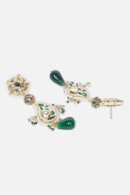 Buy_Dugran By Dugristyle_Green Pearls, Metallic Thread Tezabi Kundan Embellished Kairi Earrings _Online_at_Aza_Fashions