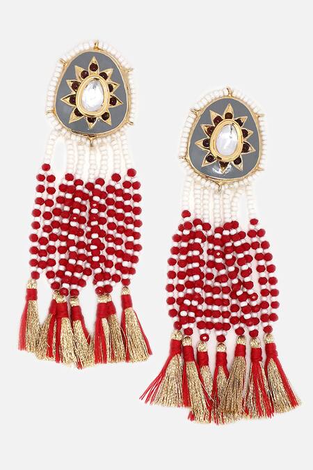 Dugran By Dugristyle Green Pearls, Metallic Thread Kundan Embellished Floral Tassel Earrings Online at Aza Fashions Dugran By Dugristyle_Green Pearls, Metallic Thread Kundan Embellished Floral Tassel Earrings _Online_at_Aza_Fashions