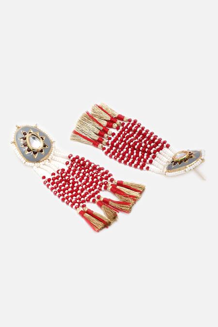 Buy Dugran By Dugristyle Green Pearls, Metallic Thread Kundan Embellished Floral Tassel Earrings Online at Aza Fashions Buy_Dugran By Dugristyle_Green Pearls, Metallic Thread Kundan Embellished Floral Tassel Earrings _Online_at_Aza_Fashions