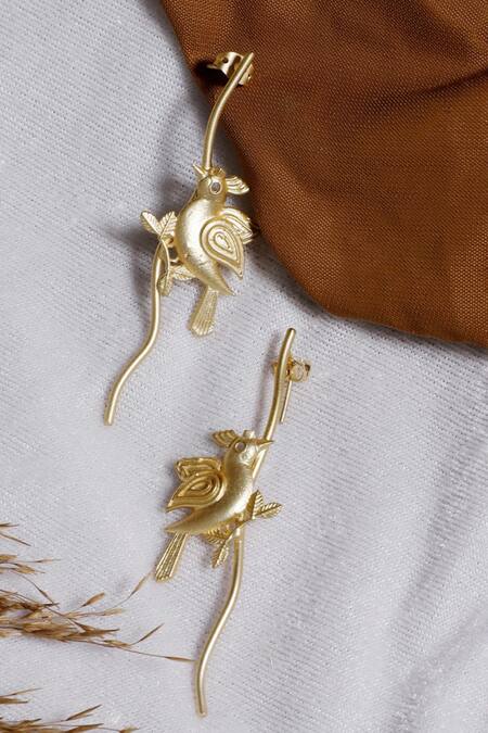 Shop_Dugran By Dugristyle_Gold Plated Dhani Bird Drop Earrings _Online_at_Aza_Fashions