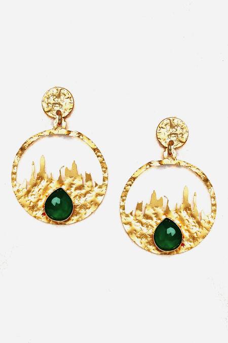 Dugran By Dugristyle_Green Stones Sanwarna Embellished Textured Drop Earrings _Online_at_Aza_Fashions