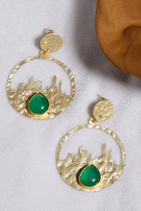 Shop_Dugran By Dugristyle_Green Stones Sanwarna Embellished Textured Drop Earrings _Online_at_Aza_Fashions