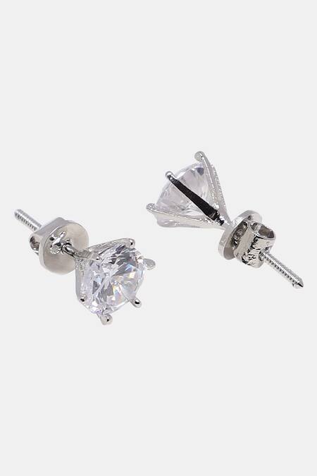 Shop_Dugran By Dugristyle_Silver Plated Imitation Diamonds Dhatu Solitaire Stud Earrings _Online_at_Aza_Fashions