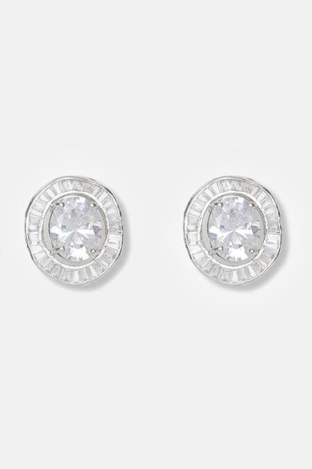 Dugran By Dugristyle_Silver Plated Crystals, Diamonds Rang-e-chandi Oval Stud Earrings_Online_at_Aza_Fashions