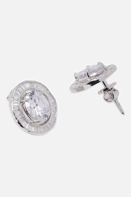 Buy_Dugran By Dugristyle_Silver Plated Crystals, Diamonds Rang-e-chandi Oval Stud Earrings_Online_at_Aza_Fashions
