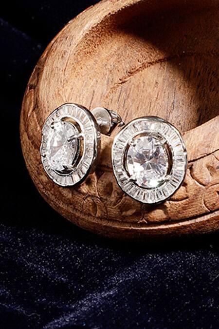 Shop_Dugran By Dugristyle_Silver Plated Crystals, Diamonds Rang-e-chandi Oval Stud Earrings_Online_at_Aza_Fashions