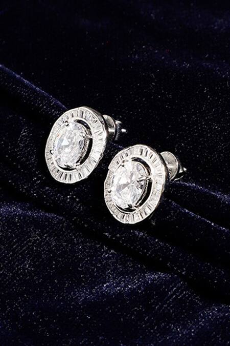 Dugran By Dugristyle_Silver Plated Crystals, Diamonds Rang-e-chandi Oval Stud Earrings_at_Aza_Fashions