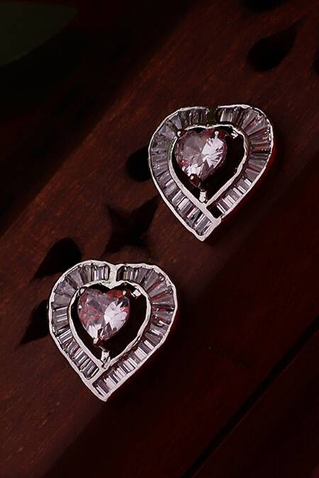 Shop_Dugran By Dugristyle_Silver Plated Imitation Diamonds Kali Heart Stud Earrings _Online_at_Aza_Fashions