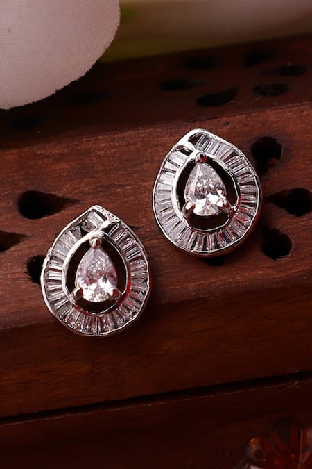 Shop_Dugran By Dugristyle_Silver Plated Imitation Diamonds Khushboo Pear Stud Earrings _at_Aza_Fashions