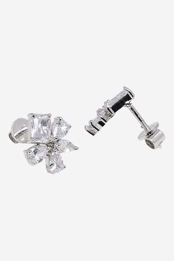 Buy_Dugran By Dugristyle_Silver Plated Imitation Diamonds Sheesham Floral Stone Stud Earrings _Online_at_Aza_Fashions