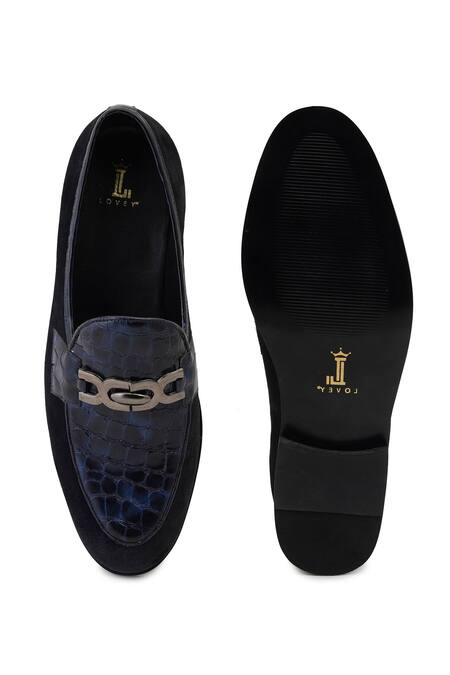 Lovey_Blue Romeo Croc Skin And Metal Loop Embellished Shoes _at_Aza_Fashions