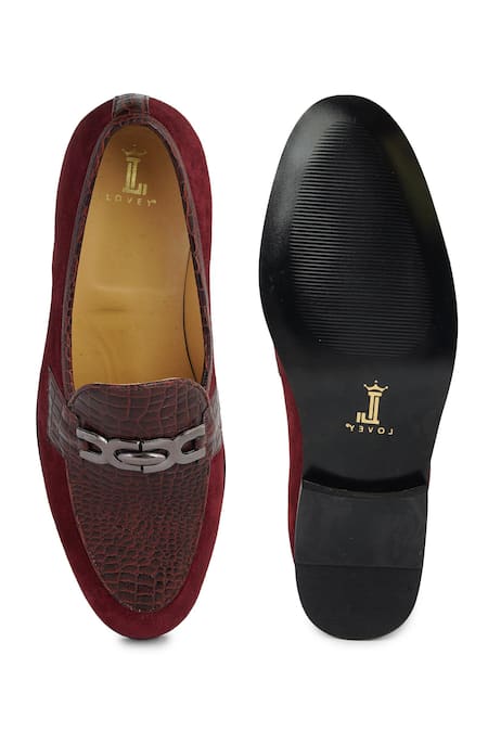 Shop Lovey Maroon Romeo Crocodile Skin And Metal Loop Embellished Shoes at Aza Fashions Shop_Lovey_Maroon Romeo Crocodile Skin And Metal Loop Embellished Shoes _at_Aza_Fashions