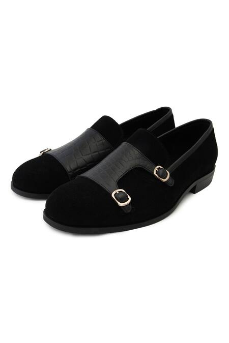 Shop_Lovey_Black Charles Croc Skin Monk Strap Shoes _at_Aza_Fashions