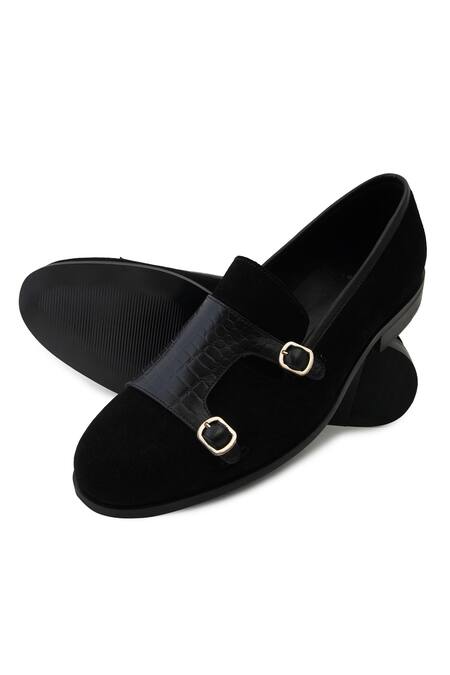 Shop_Lovey_Black Charles Croc Skin Monk Strap Shoes _Online_at_Aza_Fashions