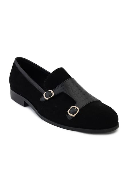 Lovey_Black Charles Croc Skin Monk Strap Shoes _at_Aza_Fashions