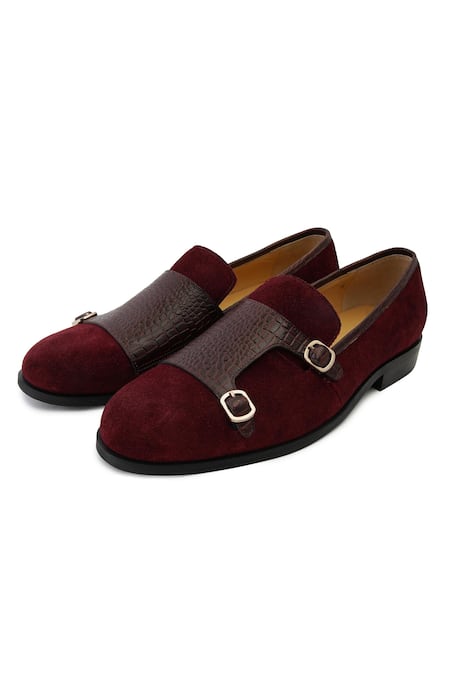 Shop_Lovey_Maroon Charles Croc Skin Slip On Monk Strap Shoes _at_Aza_Fashions