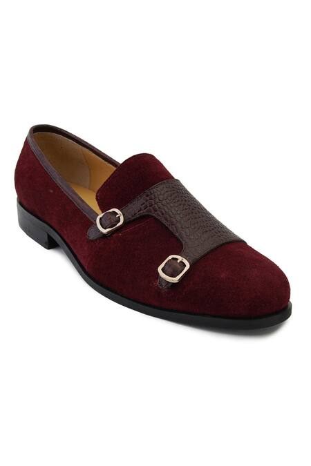 Lovey_Maroon Charles Croc Skin Slip On Monk Strap Shoes _Online_at_Aza_Fashions