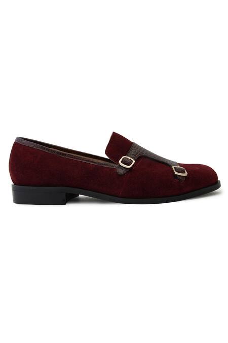 Buy_Lovey_Maroon Charles Croc Skin Slip On Monk Strap Shoes _Online_at_Aza_Fashions