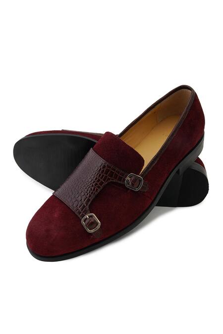 Shop_Lovey_Maroon Charles Croc Skin Slip On Monk Strap Shoes _Online_at_Aza_Fashions