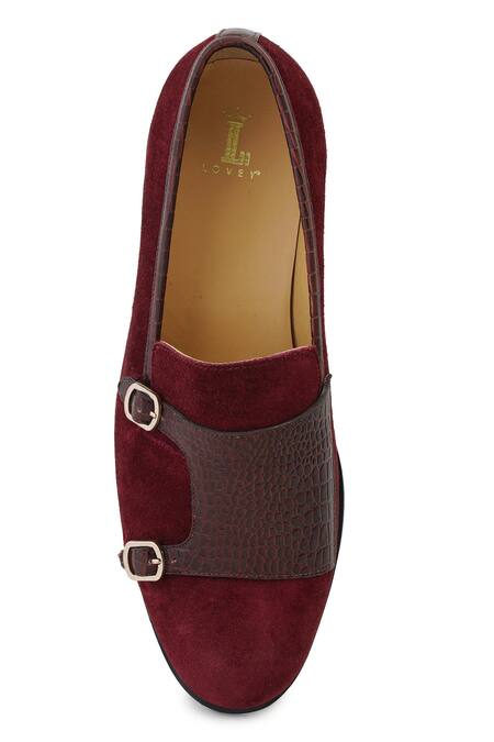 Lovey_Maroon Charles Croc Skin Slip On Monk Strap Shoes _at_Aza_Fashions