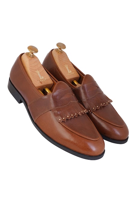 Shop Lovey Brown Tan Leather Fringed Slip On Shoes at Aza Fashions Shop_Lovey_Brown Tan Leather Fringed Slip On Shoes _at_Aza_Fashions