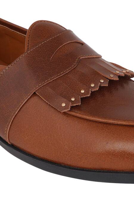 Buy Lovey Brown Tan Leather Fringed Slip On Shoes Online at Aza Fashions Buy_Lovey_Brown Tan Leather Fringed Slip On Shoes _Online_at_Aza_Fashions