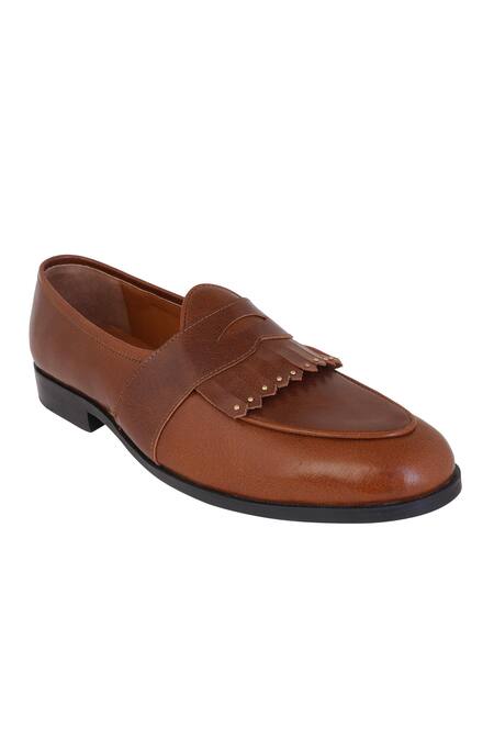 Shop Lovey Brown Tan Leather Fringed Slip On Shoes Online at Aza Fashions Shop_Lovey_Brown Tan Leather Fringed Slip On Shoes _Online_at_Aza_Fashions