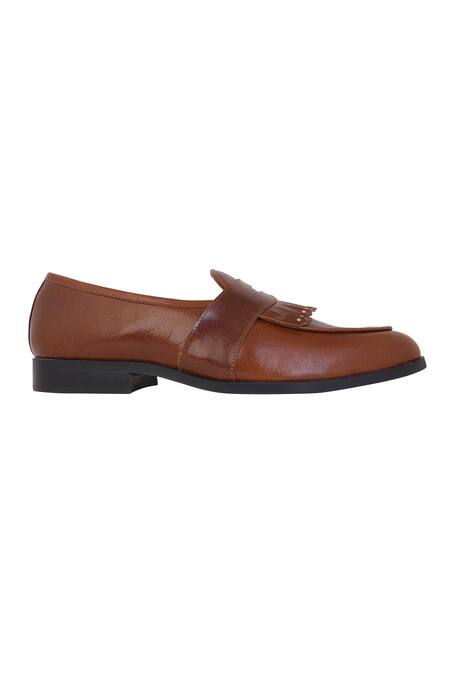 Lovey Brown Tan Leather Fringed Slip On Shoes at Aza Fashions Lovey_Brown Tan Leather Fringed Slip On Shoes _at_Aza_Fashions