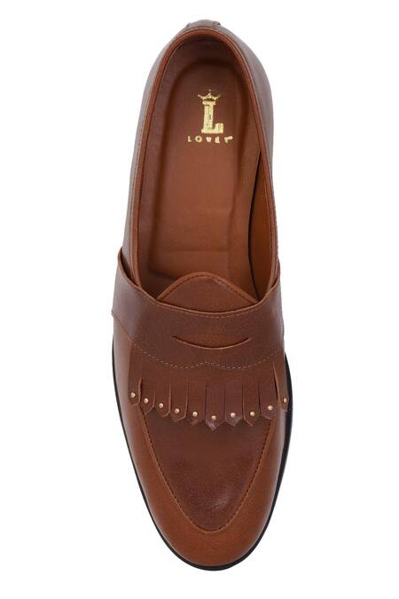 Buy Lovey Brown Tan Leather Fringed Slip On Shoes Buy_Lovey_Brown Tan Leather Fringed Slip On Shoes