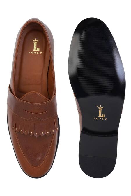 Shop Lovey Brown Tan Leather Fringed Slip On Shoes Shop_Lovey_Brown Tan Leather Fringed Slip On Shoes