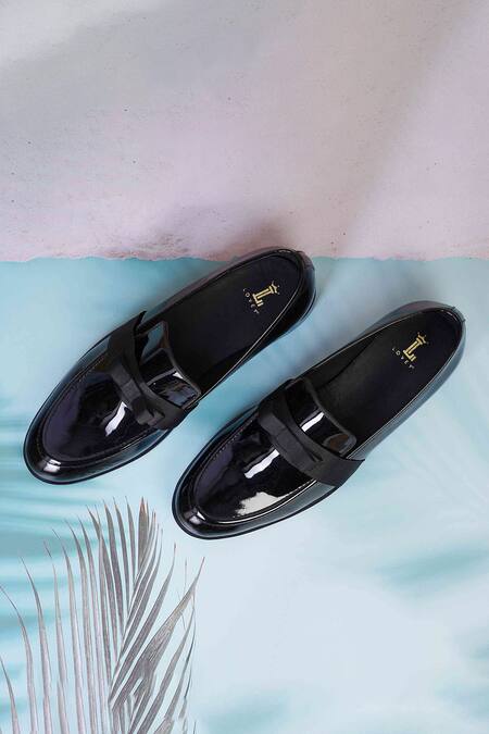 Buy_Lovey_Black Leather Ribbon Slip On Shoes _Online_at_Aza_Fashions
