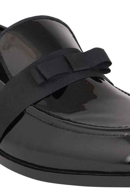 Lovey_Black Leather Ribbon Slip On Shoes _at_Aza_Fashions