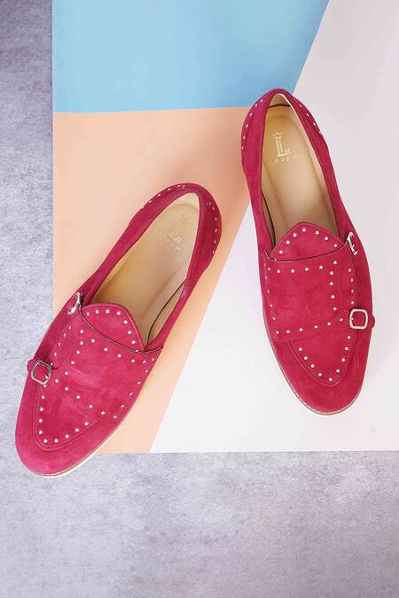 Lovey_Maroon Jack Stud Embellished Monk Strap Shoes _Online_at_Aza_Fashions