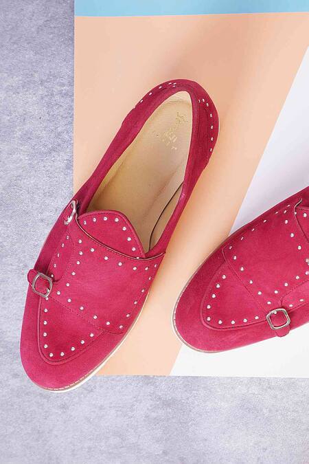Buy_Lovey_Maroon Jack Stud Embellished Monk Strap Shoes _Online_at_Aza_Fashions
