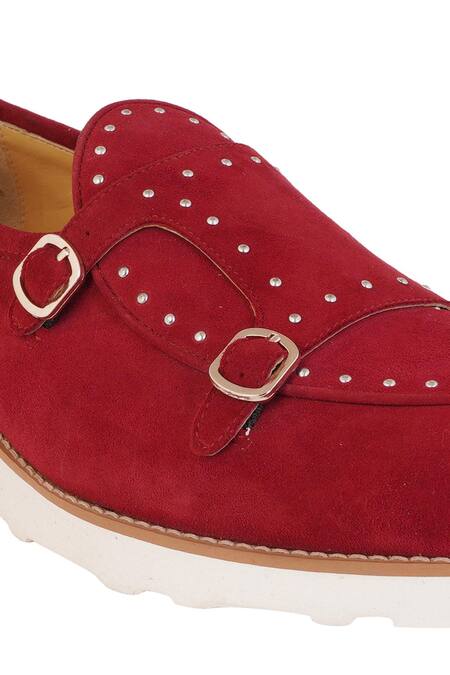 Shop_Lovey_Maroon Jack Stud Embellished Monk Strap Shoes _Online_at_Aza_Fashions