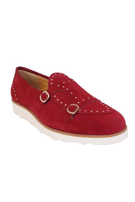 Lovey_Maroon Jack Stud Embellished Monk Strap Shoes _at_Aza_Fashions