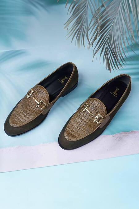 Lovey_Green Caesar Croc Skin And Metal Loop Embellished Shoes _Online_at_Aza_Fashions