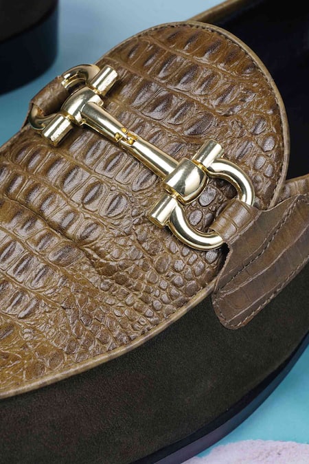 Buy_Lovey_Green Caesar Croc Skin And Metal Loop Embellished Shoes _Online_at_Aza_Fashions