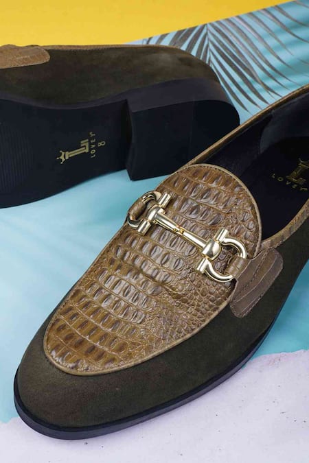 Shop_Lovey_Green Caesar Croc Skin And Metal Loop Embellished Shoes _Online_at_Aza_Fashions